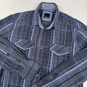 7 Diamonds Pearl Snap Shirt Mens M Blue Striped Plaid Flap Pockets Western Blue‎